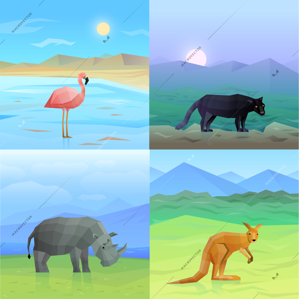 Colorful 2x2 background set with polygonal wild animals and birds isolated vector illustration