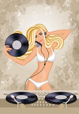 Night club sexy DJ girl holding LP vinyl record in white bikini with headphones print poster vector illustration