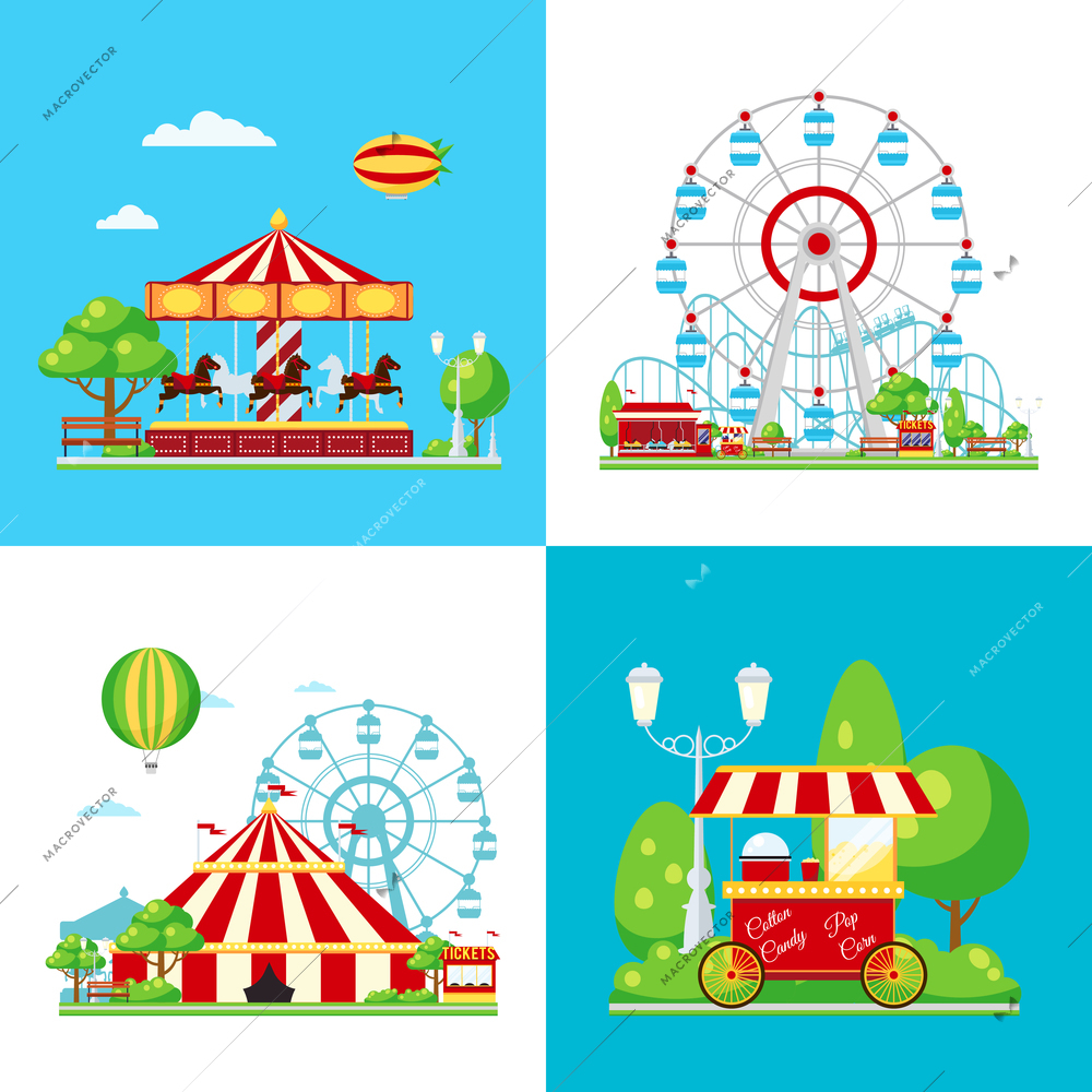 Four square colored amusement park composition with ferris wheel carousel circus and ice cream van vector illustration