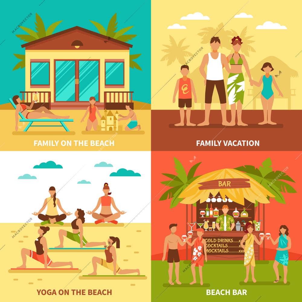 Beach holiday flat design concept with family vacation yoga exercise and bar on shore isolated vector illustration