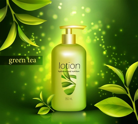 Lotion in plastic packaging with dispenser and green tea leaves on glowing dark background 3d vector illustration