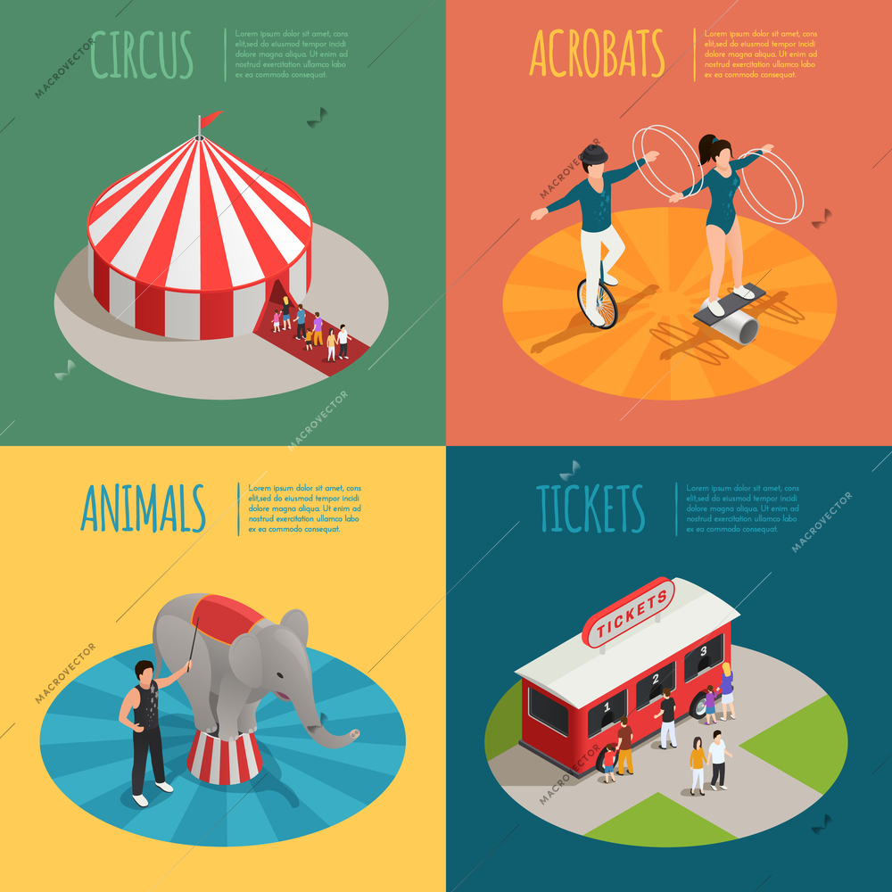 Circus 2x2 design concept with tent acrobats ticket cashier trailer and elephant trainer square compositions isometric vector illustration