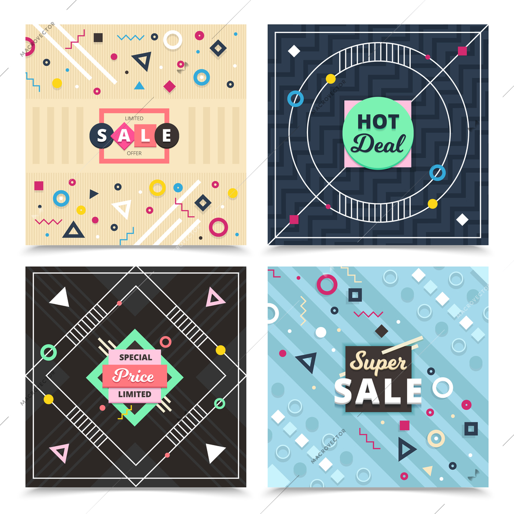 Set of square material design banners with compositions of flat ornamental decorative signs and editable text vector illustration