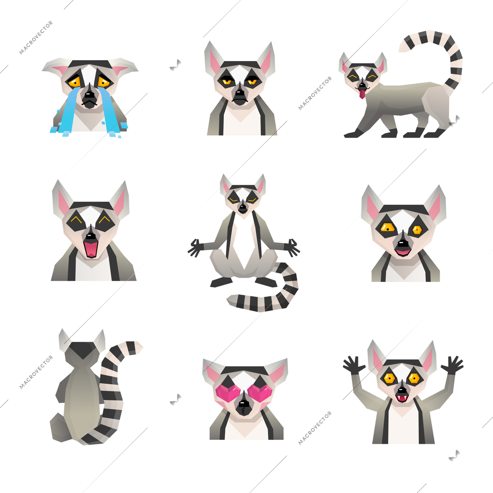 Lemur polygonal set of isolated big cartoon style icons with macaco character images representing various emotions vector illustration