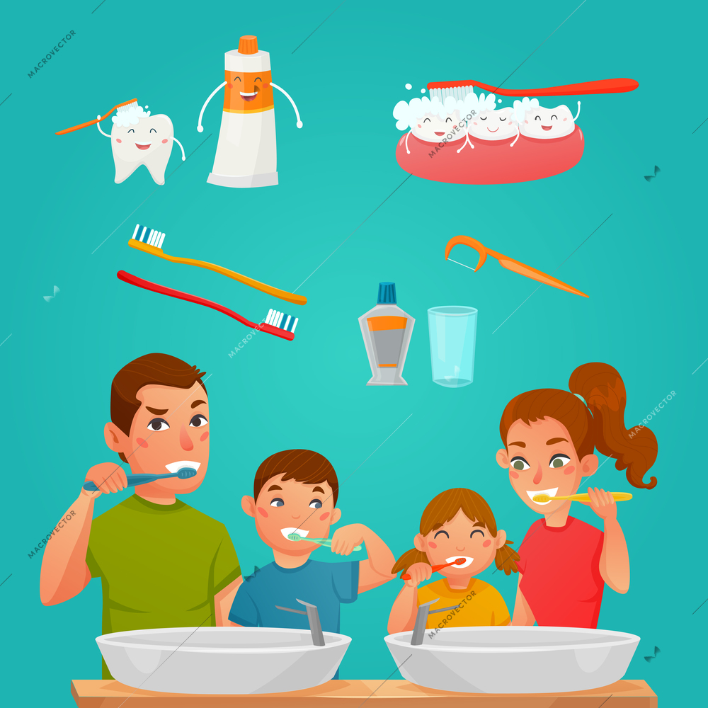 Young family brushing teeth together and tooth care products and tools cartoon composition flat vector illustration