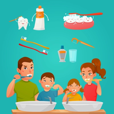 Young family brushing teeth together and tooth care products and tools cartoon composition flat vector illustration