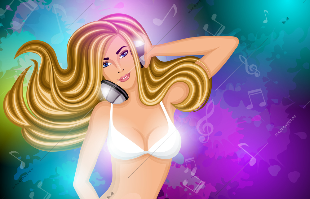 Nightlife disco music party sexy longhaired girl in white bikini top with headphones poster vector illustration