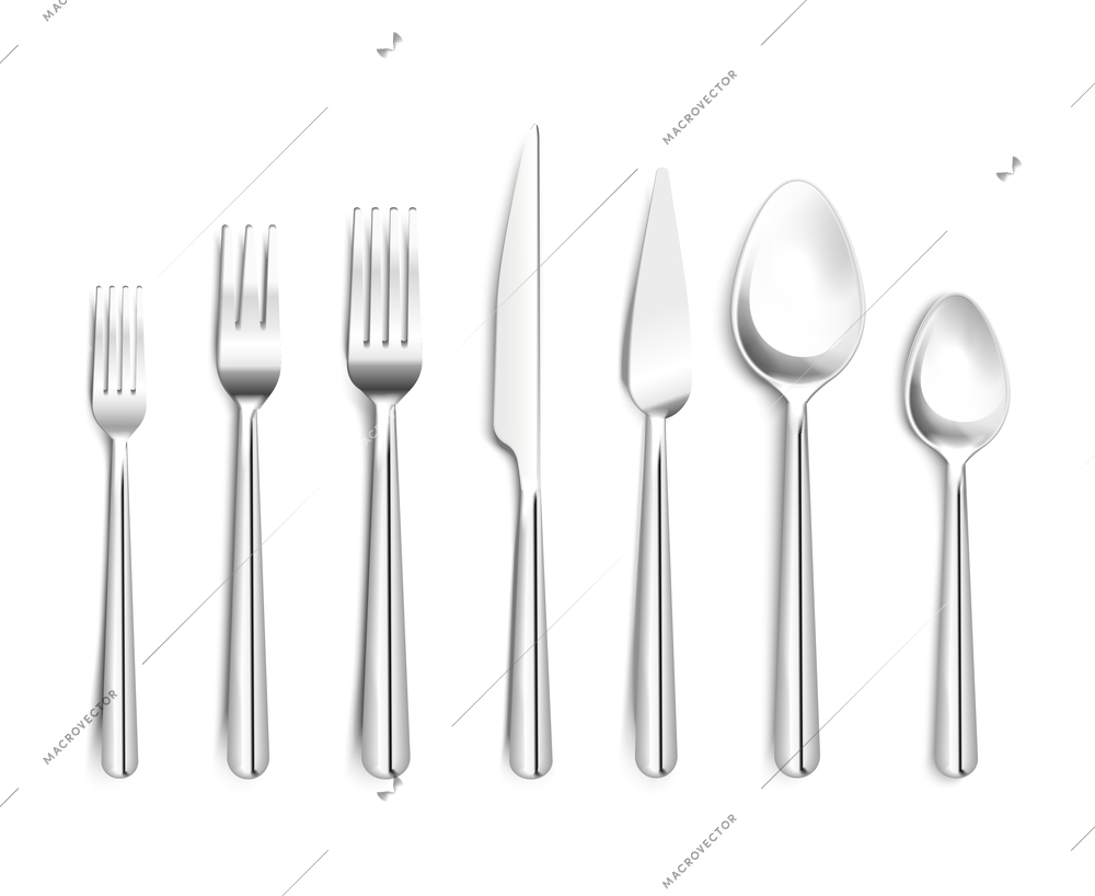 Realistic shiny silverware top view 3d design with forks knives spoons on white background isolated vector illustration