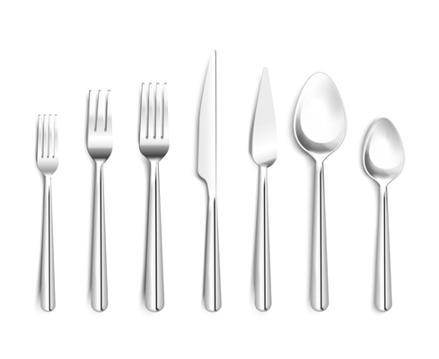 Realistic shiny silverware top view 3d design with forks knives spoons on white background isolated vector illustration