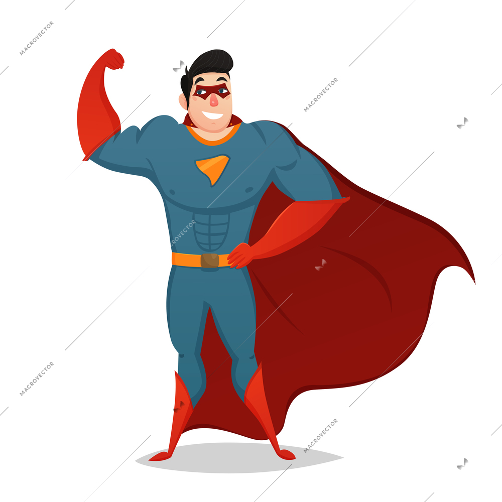 Cartoon figurine of muscular man dressed in superhero costume with red cape isolated vector illustration