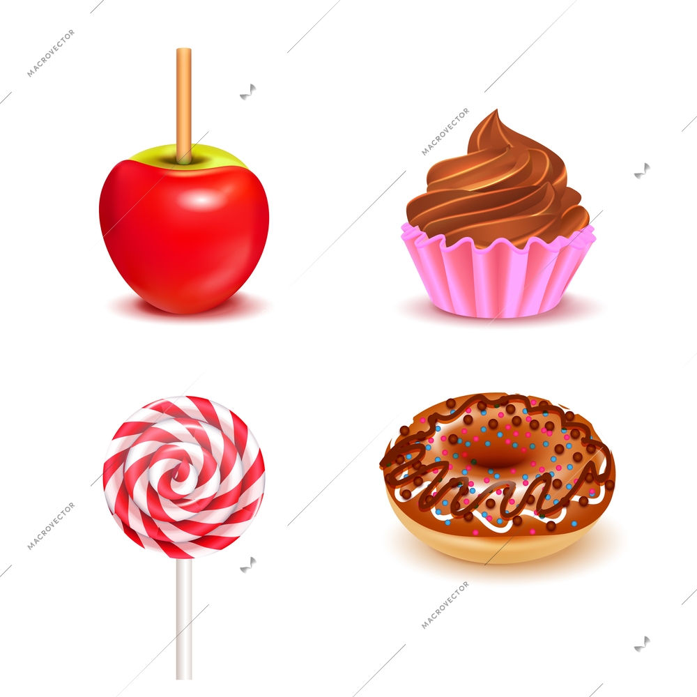 Fair sweets realistic set with toffee apple and lollipop donut cupcake on white background isolated vector illustration