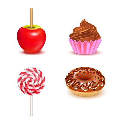 Fair sweets realistic set with toffee apple and lollipop donut cupcake on white background isolated vector illustration