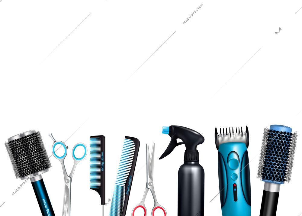Hairdresser tools on white background including brushes and combs sprayer various scissors and trimmer vector illustration