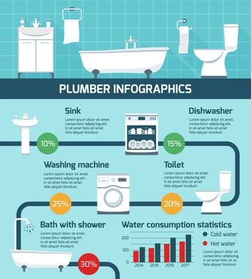 Plumber infographics with realistic sanitary fixtures flat images flowchart with circle percentage diagrams and text paragraphs vector illustration