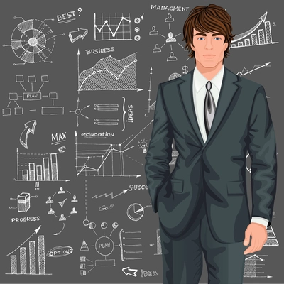 Young handsome businessman against the doodle style sketch diagram patterned background vector illustration
