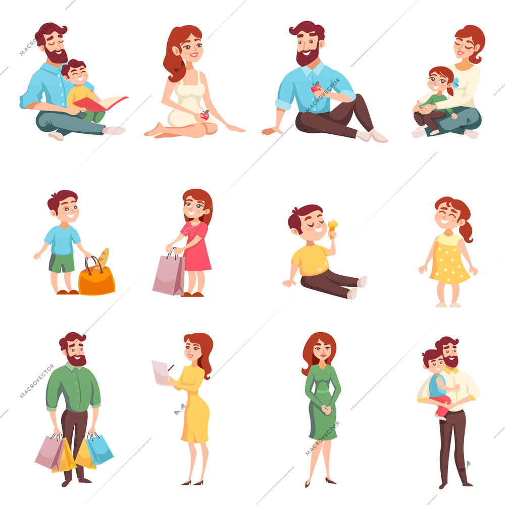 Set of happy family members with mom dad daughter son with bag cartoon style isolated vector illustration