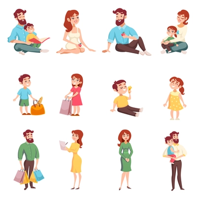 Set of happy family members with mom dad daughter son with bag cartoon style isolated vector illustration