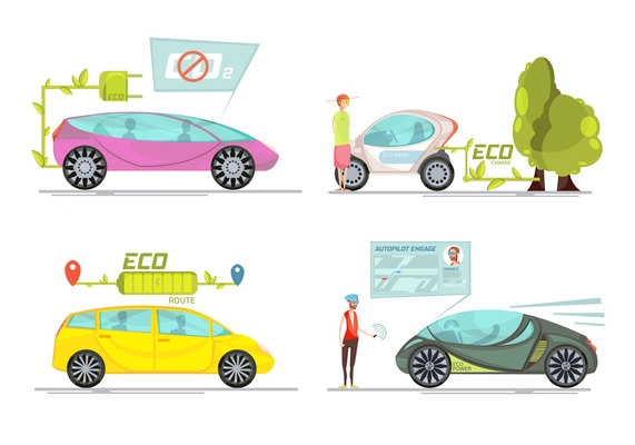 Colorful eco friendly electro cars 2x2 concept isolated on white background flat vector illustration