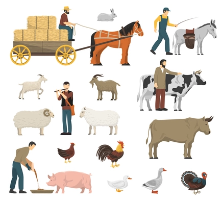 Farm animals set with cow horse and hen flat isolated vector illustration