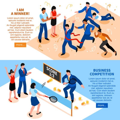 Two horizontal flat competition business horizontal banner set i am a winner and business competition descriptions vector illustration