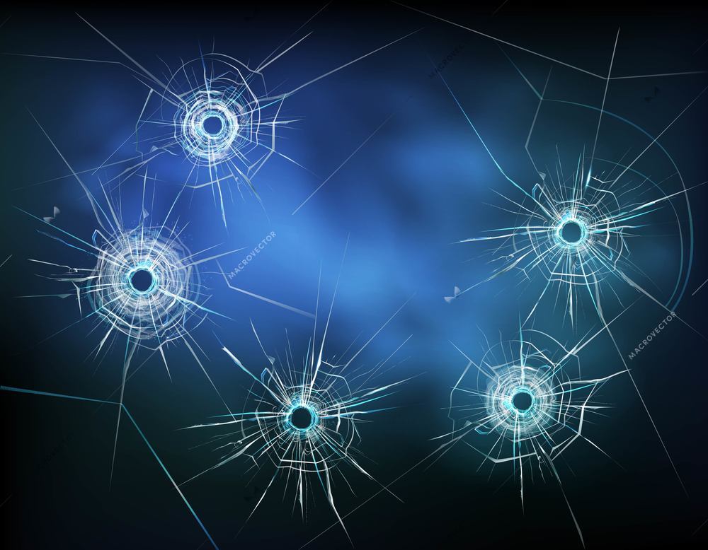 Bullet holes in glass with white cracks and scratches on textured dark background vector illustration