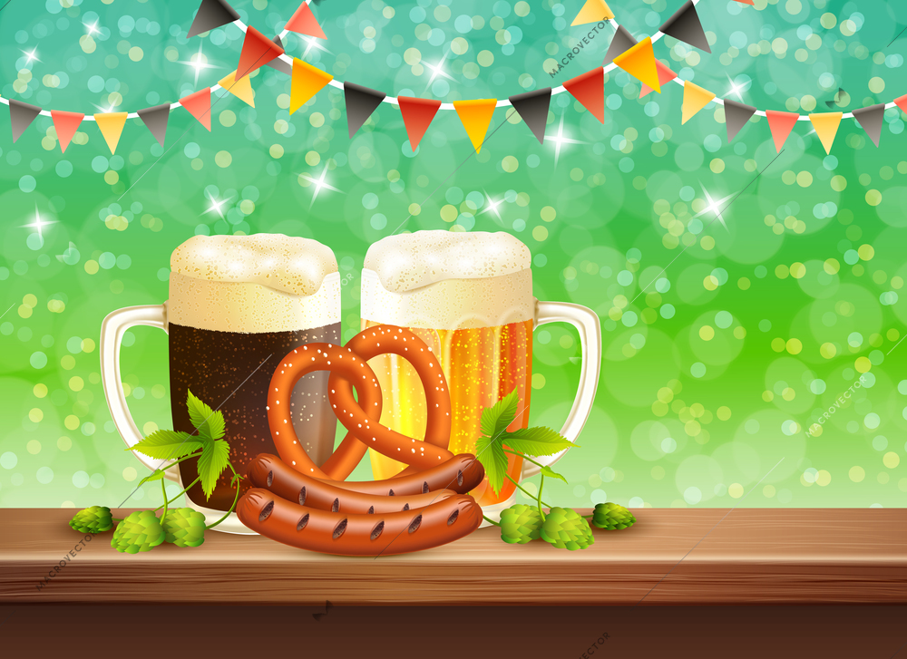 Two cups of dark and lager beer starters and hop leaves on bar counter realistic vector illustration