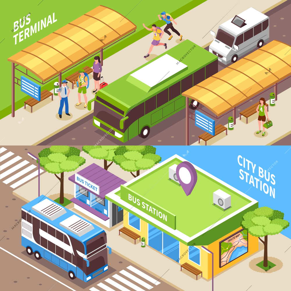 Isometric horizontal banners with terminal of automobile public transport and city bus station isolated vector illustration