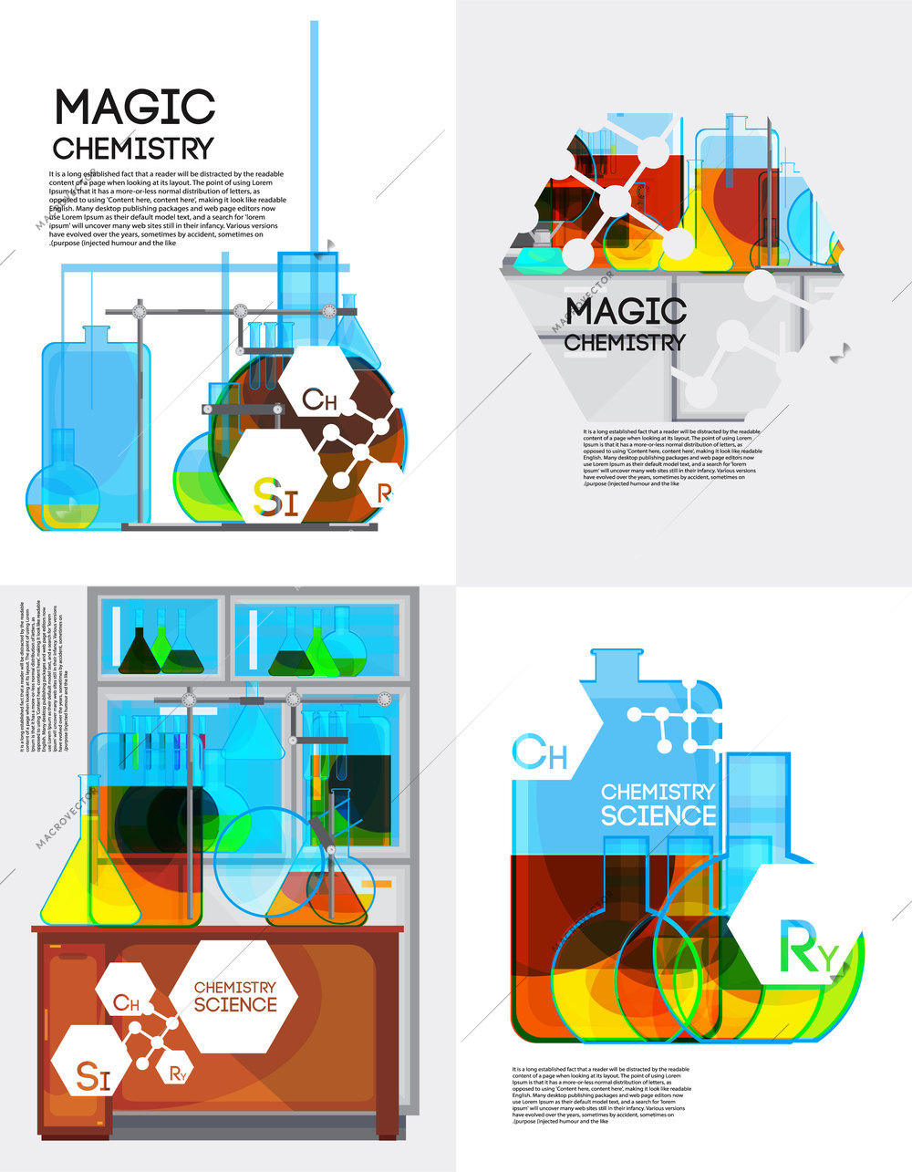 Chemical laboratory posters set with flat jars and test tubes colorful liquids with principle element signs vector illustration
