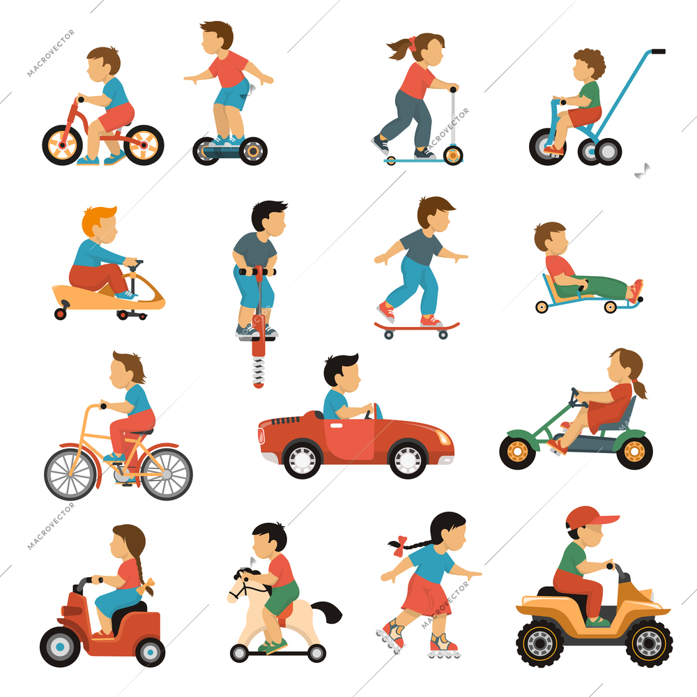 Kids transport icons set with active games symbols flat isolated vector illustration