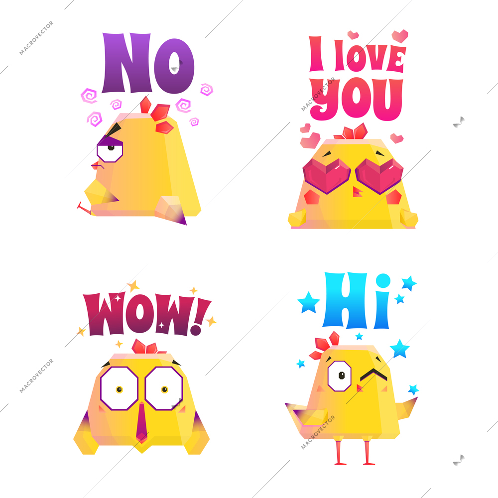 Chicken compositions set of isolated doodle characters representing different emotions with appropriate artwork and text captions vector illustration