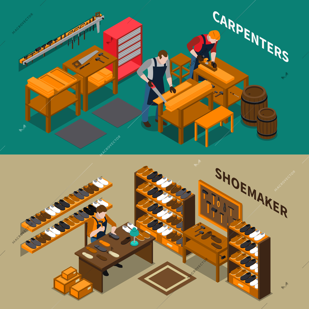 Craftsman isometric horizontal banners including carpenters with planks in workshop and creation of shoes isolated vector illustration