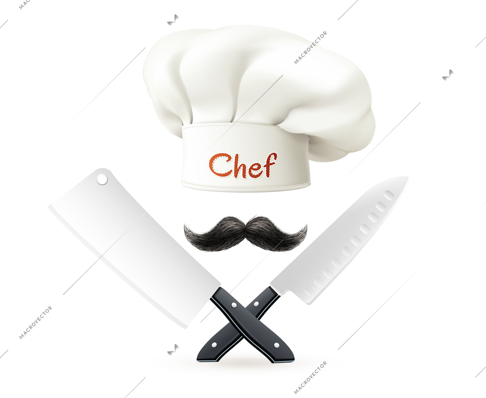 Composition from hat of chef with red lettering mustache and crossed knives on white background vector illustration