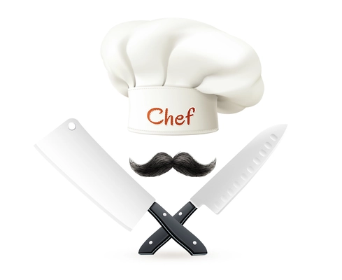 Composition from hat of chef with red lettering mustache and crossed knives on white background vector illustration