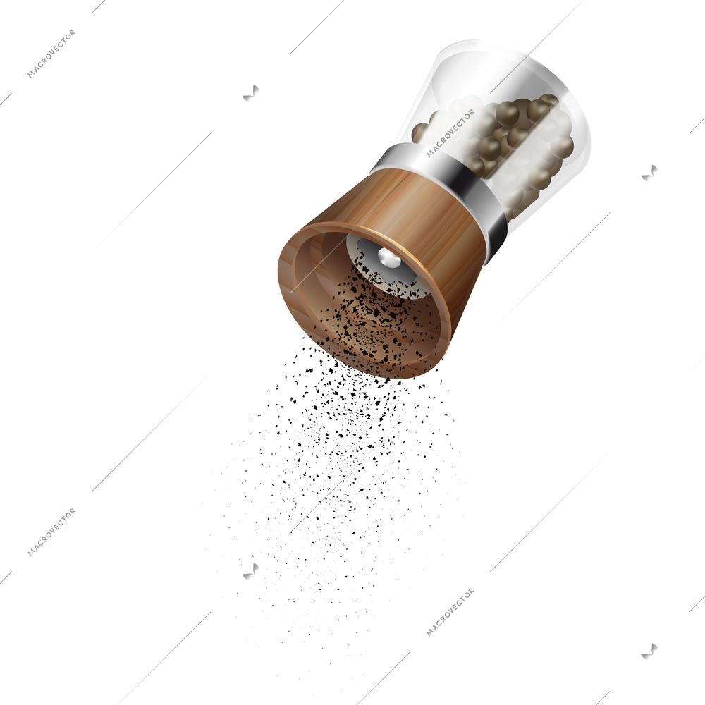 Realistic pepper mill composition in the preparation of meals with pepper on white background vector illustration