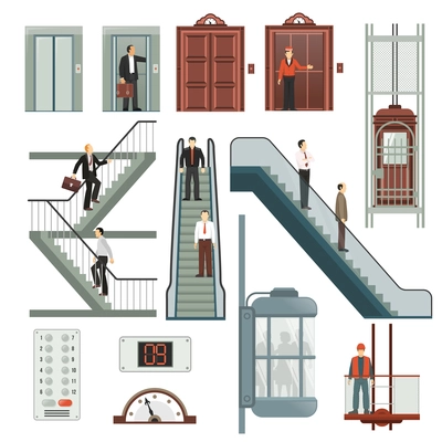 Elevator and stairs set with speed and floor symbols flat isolated vector illustration