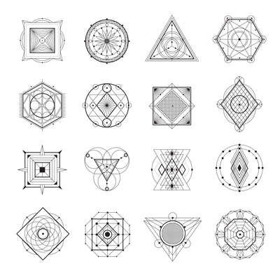 Sacred geometry abstract symbols monochrome set isolated on white background flat vector illustration