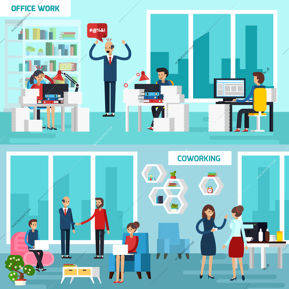 Two horizontal working character banner set with office work and coworking descriptions vector illustration