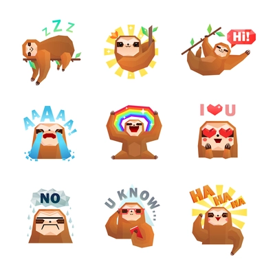 Sloth emotions set of nine isolated doodle style stickers with tree sloth character and text captions vector illustration