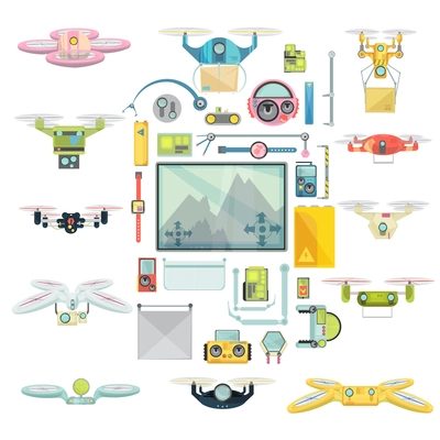 Flat group set of using various flying radio controlled drones for different purposes isolated on white background vector illustration