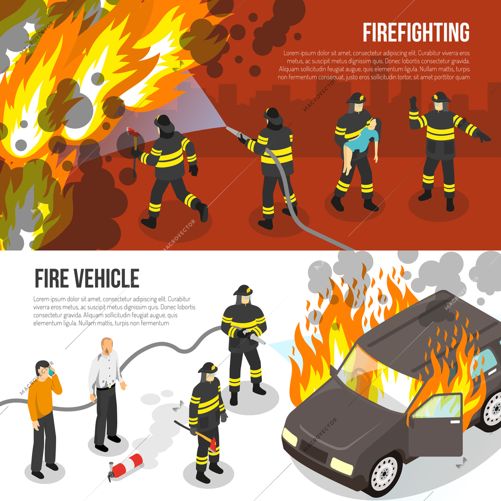 Horizontal banners with fire department fighting with flame in city and near burning car isolated vector illustration