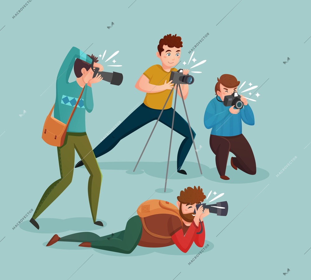 Paparazzi design concept with photographers group shooting appearance of show business stars or other celebrities flat vector illustration