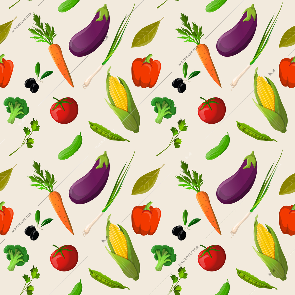 Vegetable organic food seamless pattern of tomato corn cucumber olive vector illustration