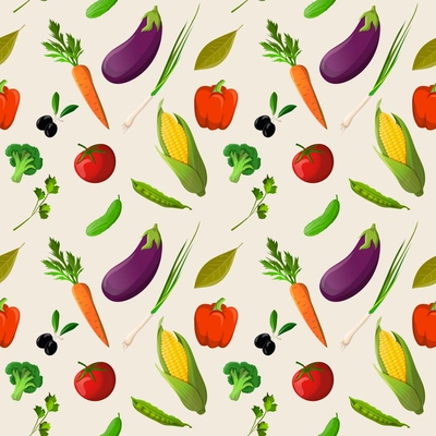 Vegetable organic food seamless pattern of tomato corn cucumber olive vector illustration