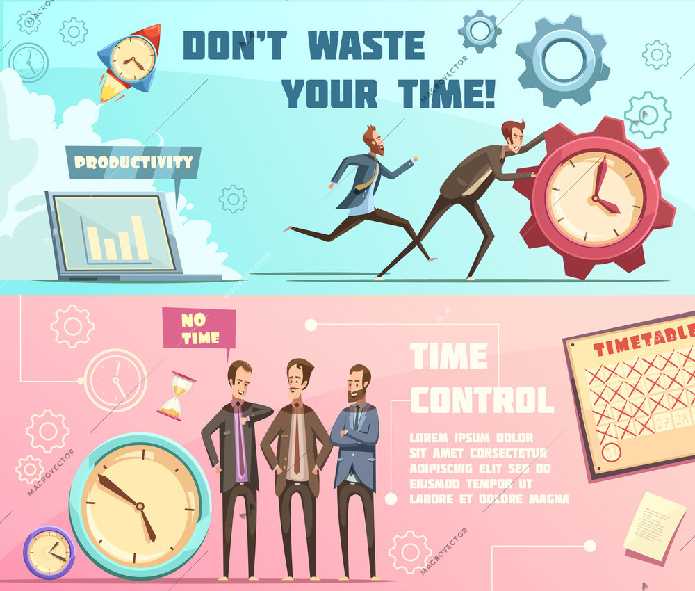 Horizontal banners in retro cartoon style with time management including effective planning and productivity isolated vector illustration