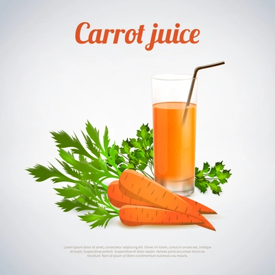 Glass of carrot juice with drinking straw root vegetables and green leaves on light background vector illustration