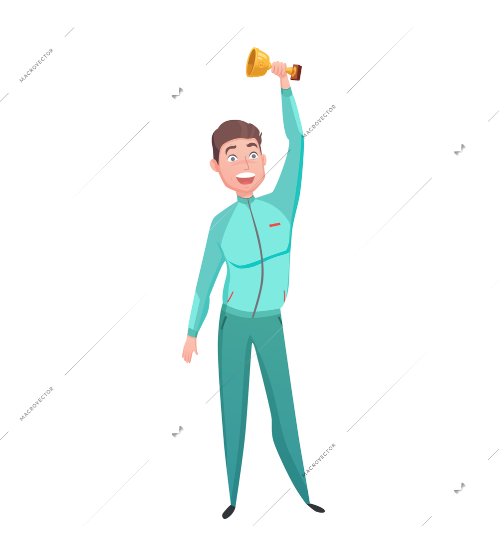 Young sportsman gold cup winner great triumph celebration emotional moment with prize cartoon character abstract vector illustration