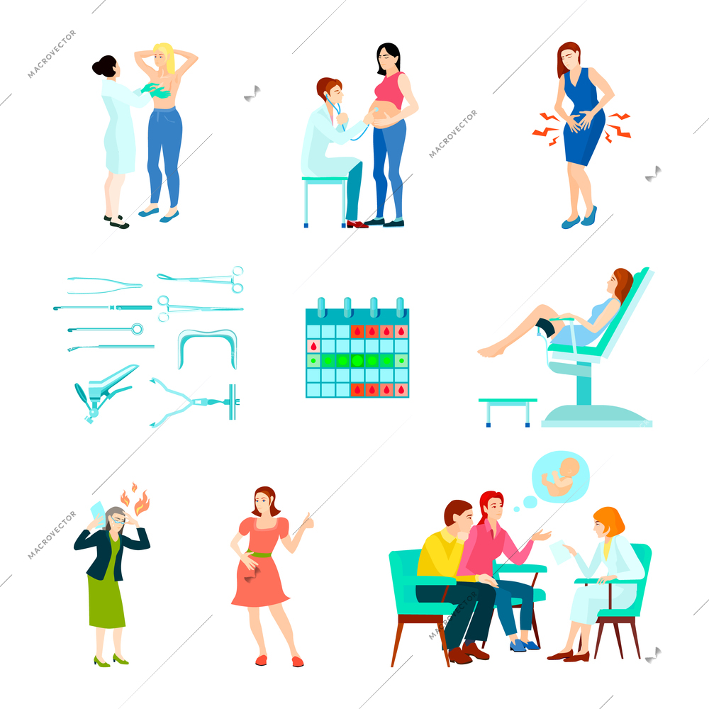 Colored flat and isolated gynecologist gynecology icon set with woman at the doctors reception vector illustration