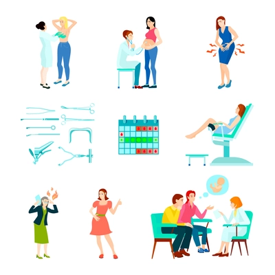 Colored flat and isolated gynecologist gynecology icon set with woman at the doctors reception vector illustration