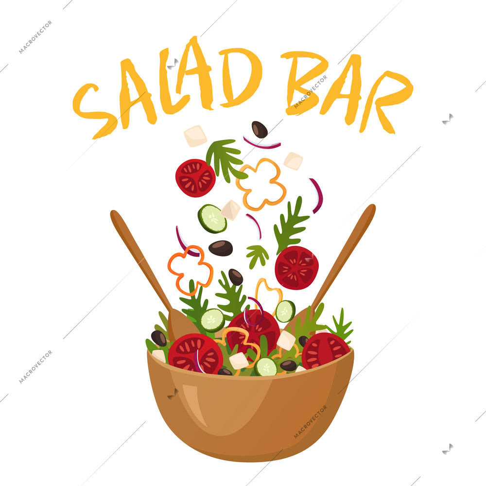 Salad bar composition with wood pot of greek salad for vegetarian menu and health food advertising flat vector illustration