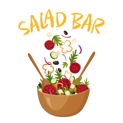 Salad bar composition with wood pot of greek salad for vegetarian menu and health food advertising flat vector illustration